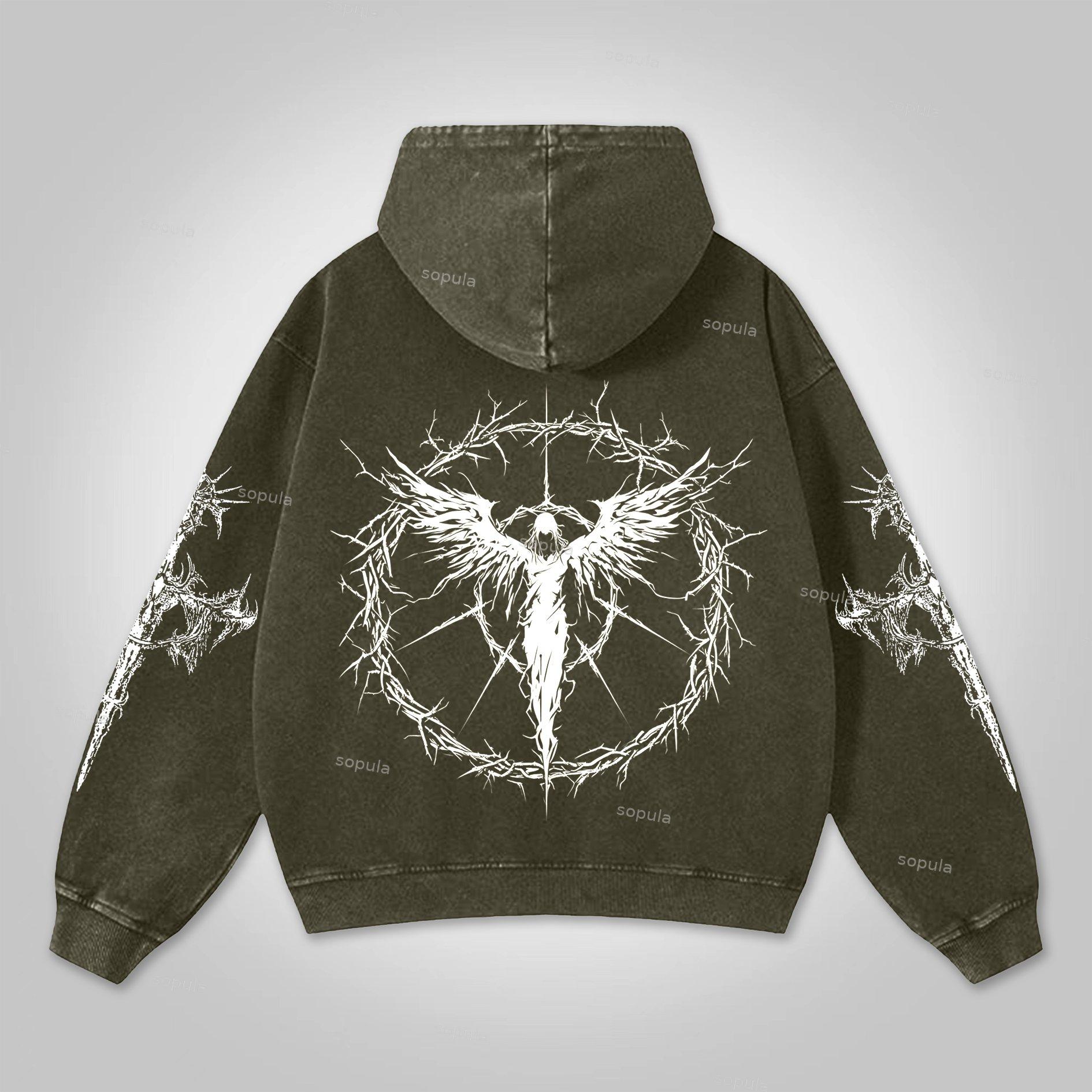 Sopula Vintage Angels Descend Cross Graphic Washed Distressed Pocket Hoodie Product Image