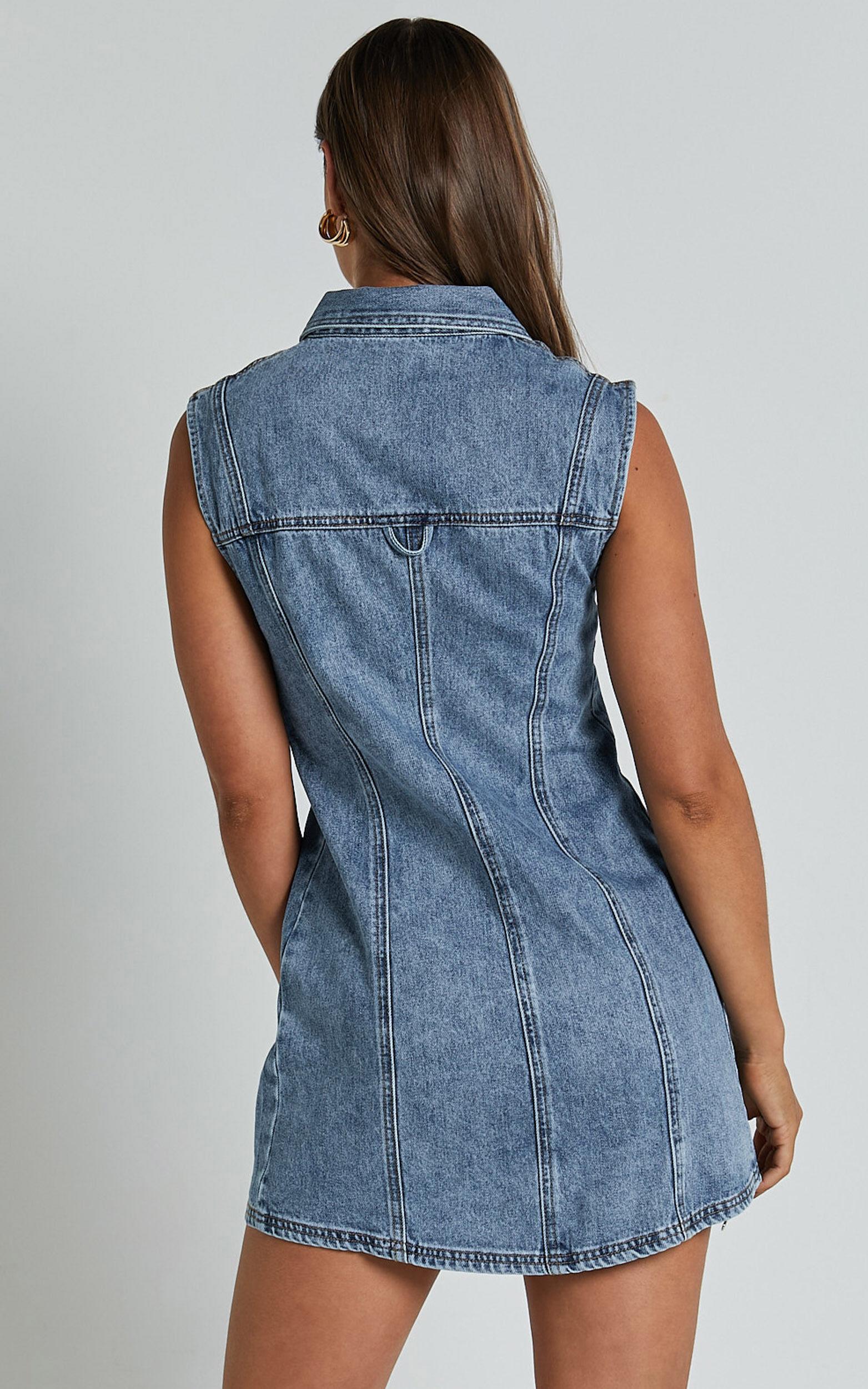 Gigie Mini Dress - Button Front Collared Denim in Mid Blue Wash Product Image