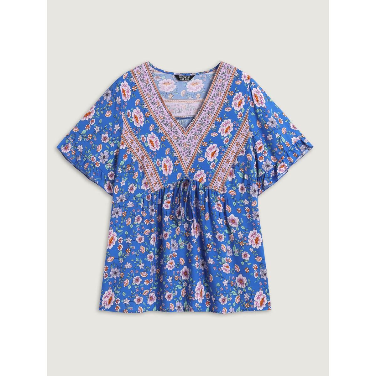 Plus Size Skyblue Asymmetrical Floral Print V-Neck Blouse Women Boho Short sleeve V-neck Vacation Blouses BloomChic 30/6X Product Image