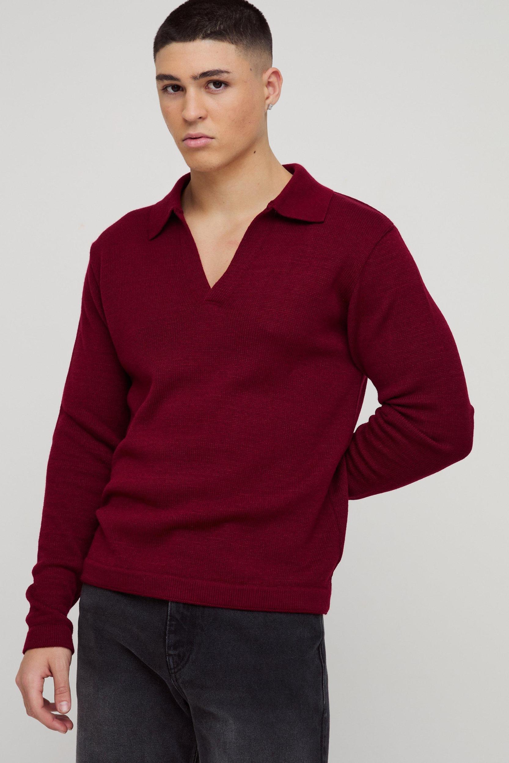 Regular Deep V Revere Collar Knitted Long Sleeve Polo | boohooMAN USA Product Image