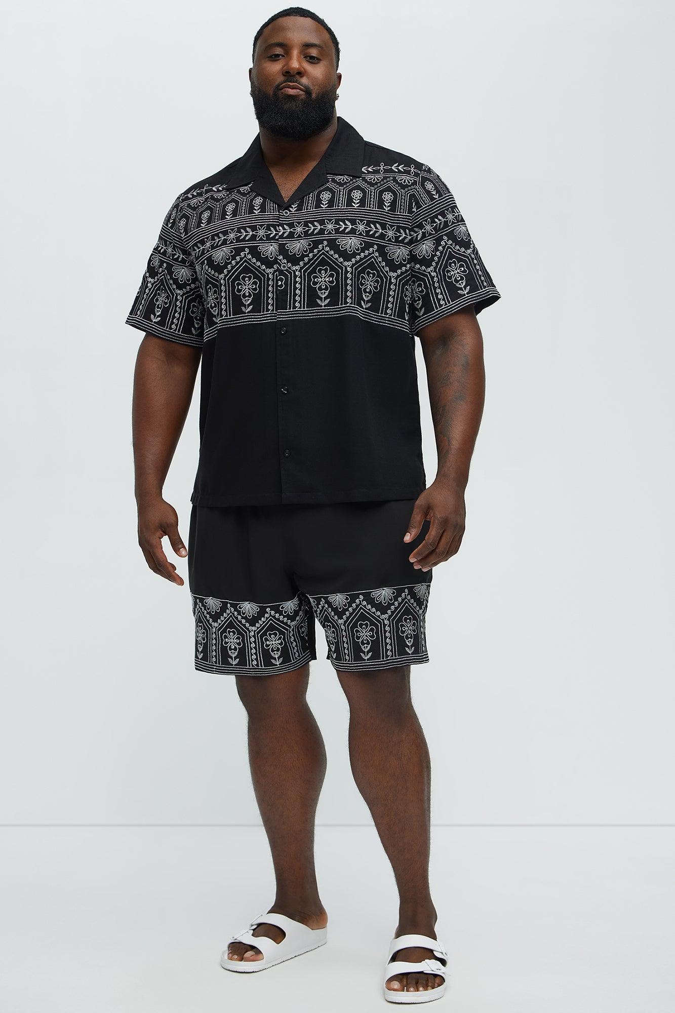 Embroidered Floral Cuban Collar Button Up Shirt - Black/combo Male Product Image