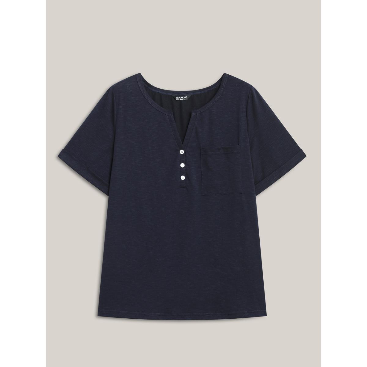 Plus Size Solid Split Neck Button Detail T-Shirt Indigo Women Leisure Button Notched collar Casual T-shirts BloomChic 14-16/1X Product Image