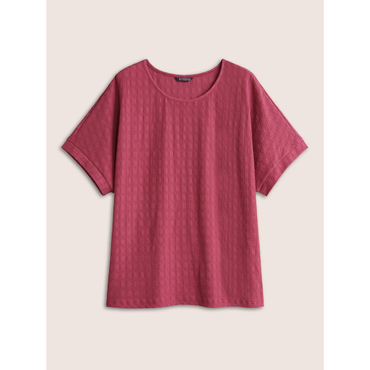 Plus Size Plain Textured Jacquard Dolman Sleeve T-shirt Pink Women Elegant Non Plain Round Neck Everyday T-shirts BloomChic 18-20/2X Product Image