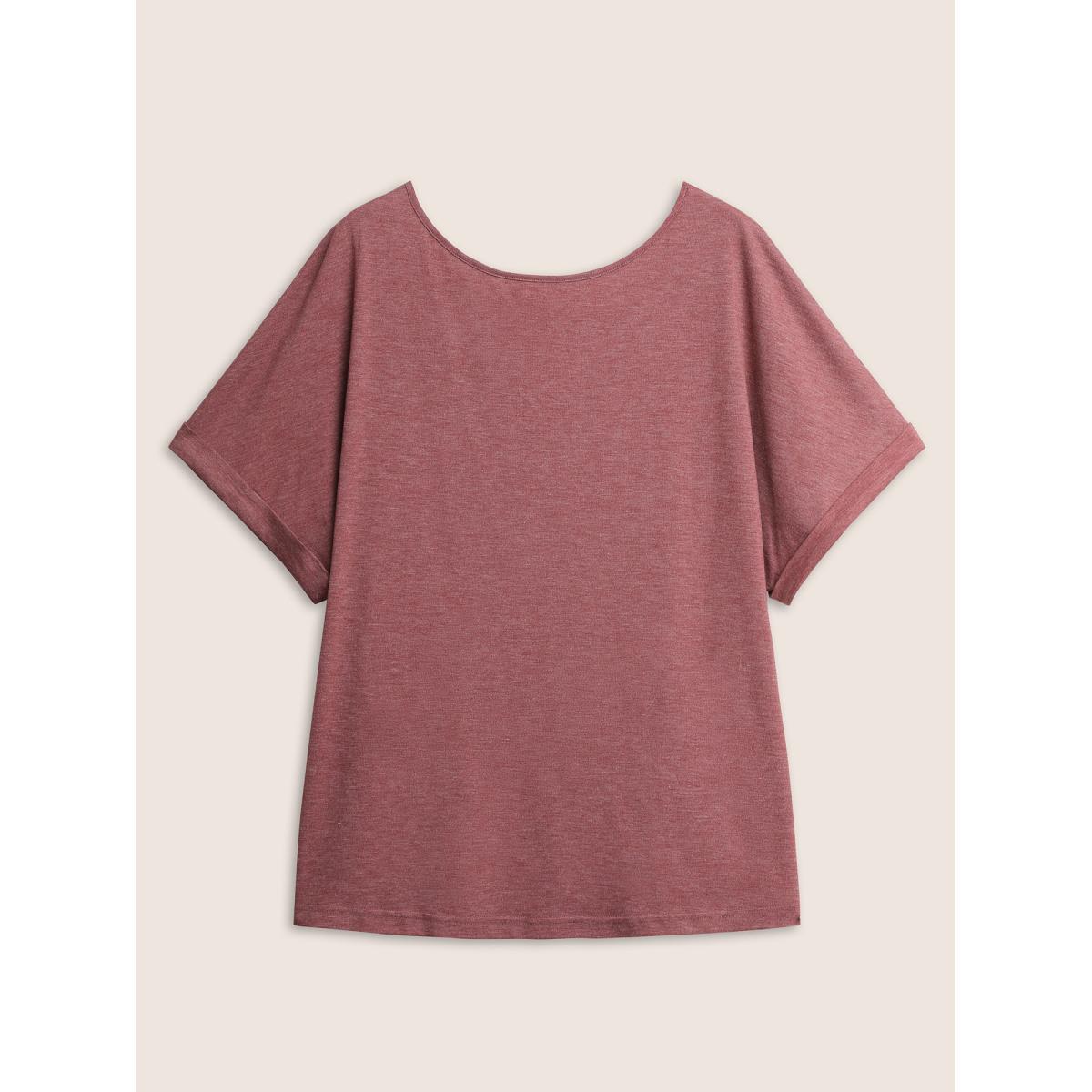 Plus Size Heather Button Detail Dolman Sleeve T-shirt Russet Women Casual Button Plain Round Neck Everyday T-shirts BloomChic 30/6X Product Image
