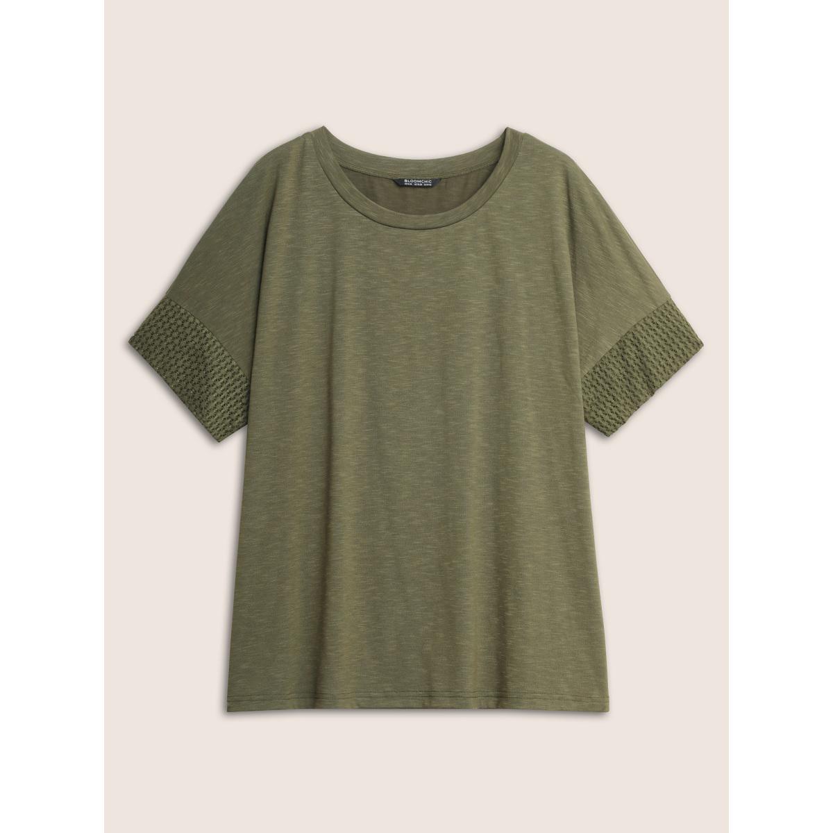 Plus Size Solid Lace Insert Batwing Sleeve T-shirt ArmyGreen Women Casual Texture Plain Round Neck Everyday T-shirts BloomChic 10/M Product Image