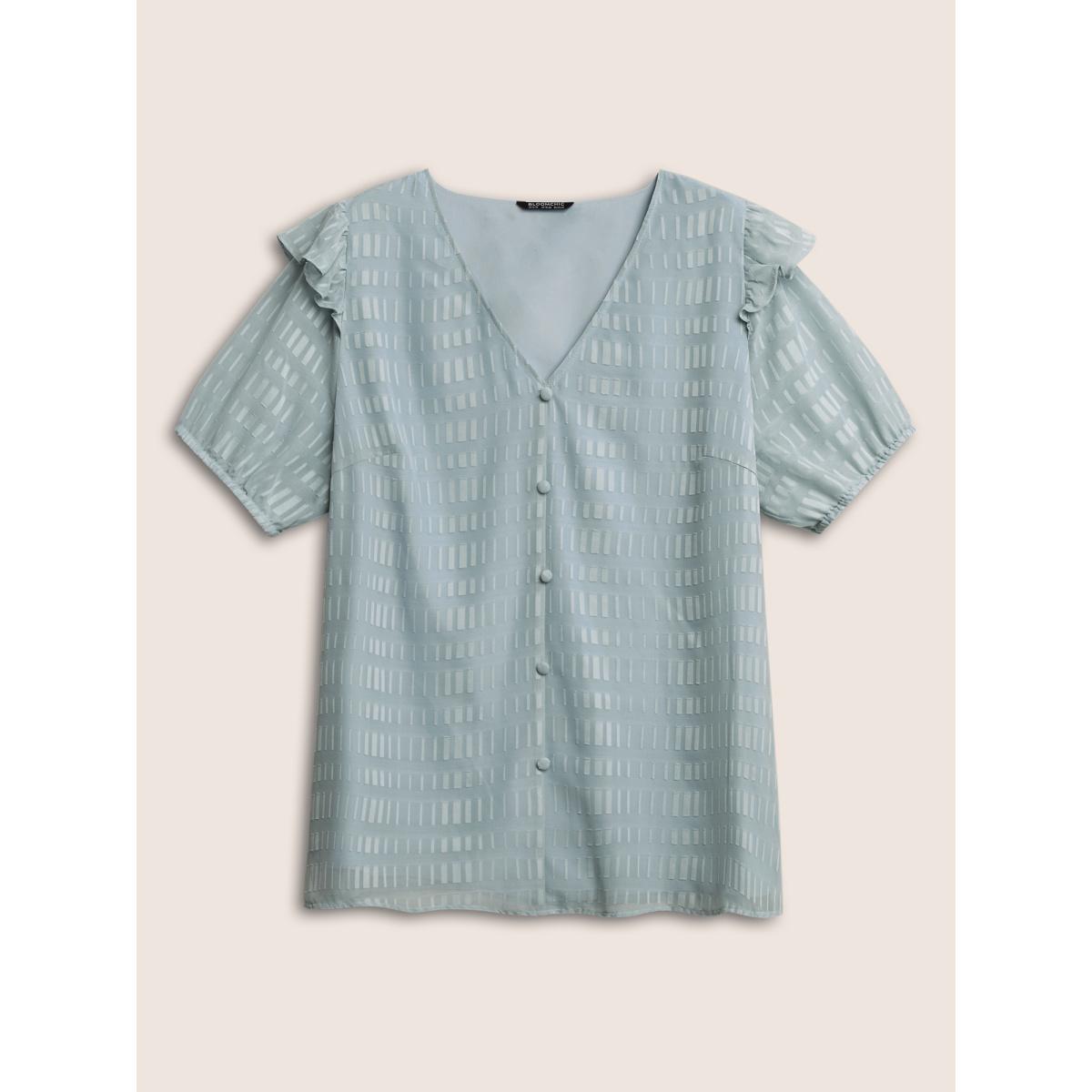 Plus Size LightBlue Solid Textured Gathered Ruffles Button Detail Blouse Women Elegant Short sleeve V-neck Everyday Blouses BloomChic 14-16/1X Product Image