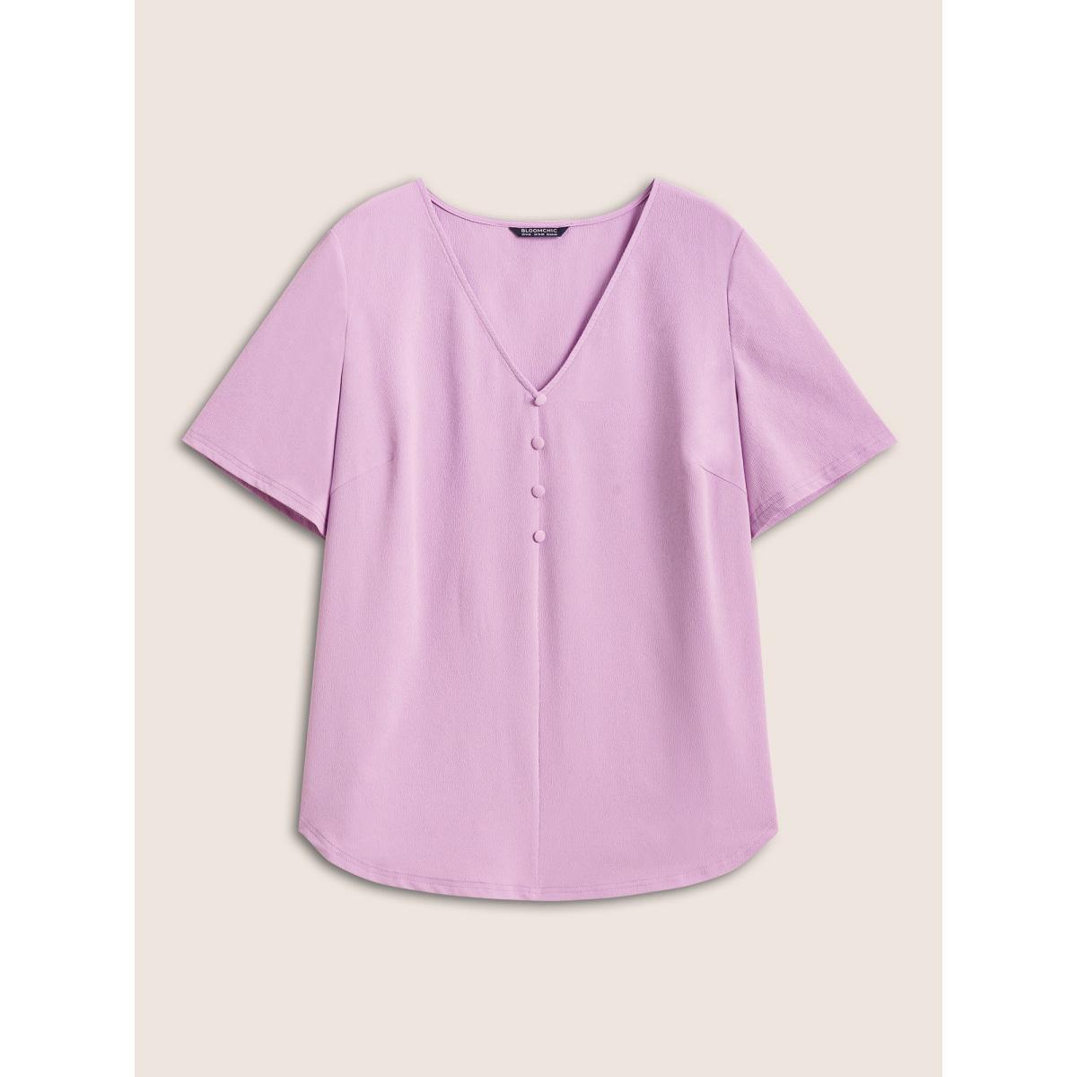 Plus Size Lilac Stretchy Woven Solid Button Detail Blouse Women Work From Home Short sleeve V-neck Work Blouses BloomChic 28/5X Product Image