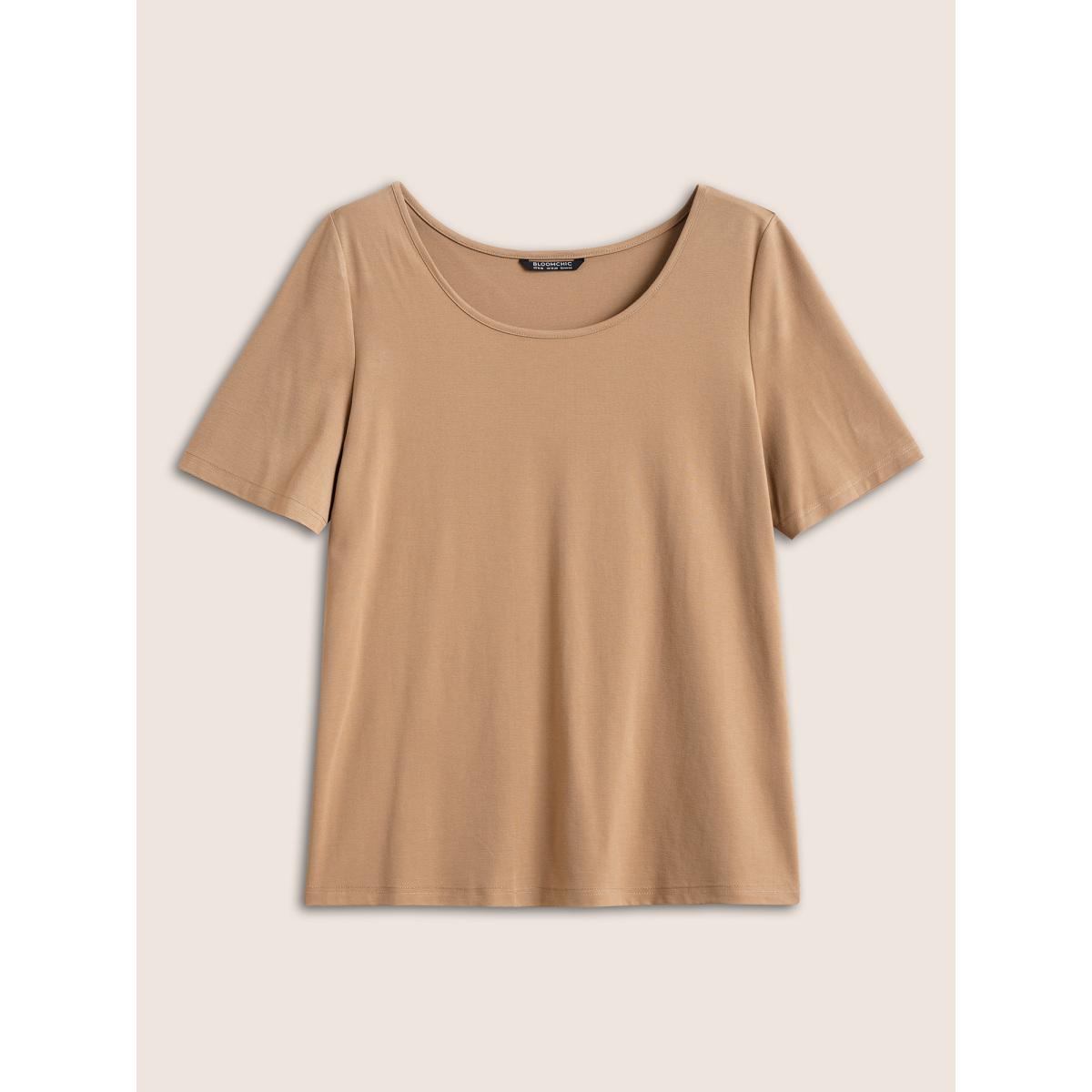 Plus Size Basic Solid Round Neck T-shirt LightBrown Women Basics Non Plain Round Neck Everyday T-shirts BloomChic 14-16/1X Product Image