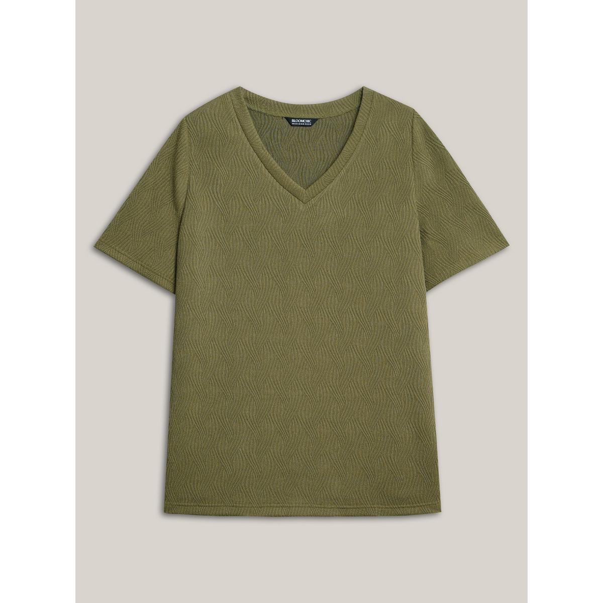 Plus Size Textured V-Neck Half Sleeve T-Shirt ArmyGreen Women Casual Texture V-neck Everyday T-shirts BloomChic 14-16/1X Product Image