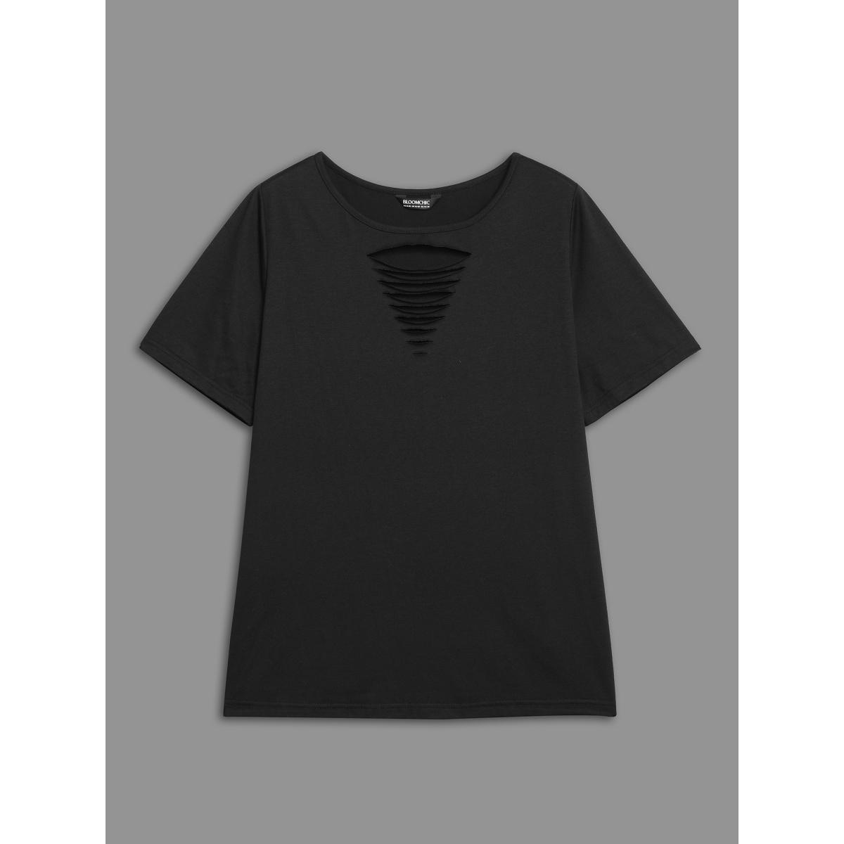 Plus Size Stretchy Ripped Neck Fitted T-Shirt Black Women Leisure Cut-Out Round Neck Casual T-shirts BloomChic 22-24/3X Product Image