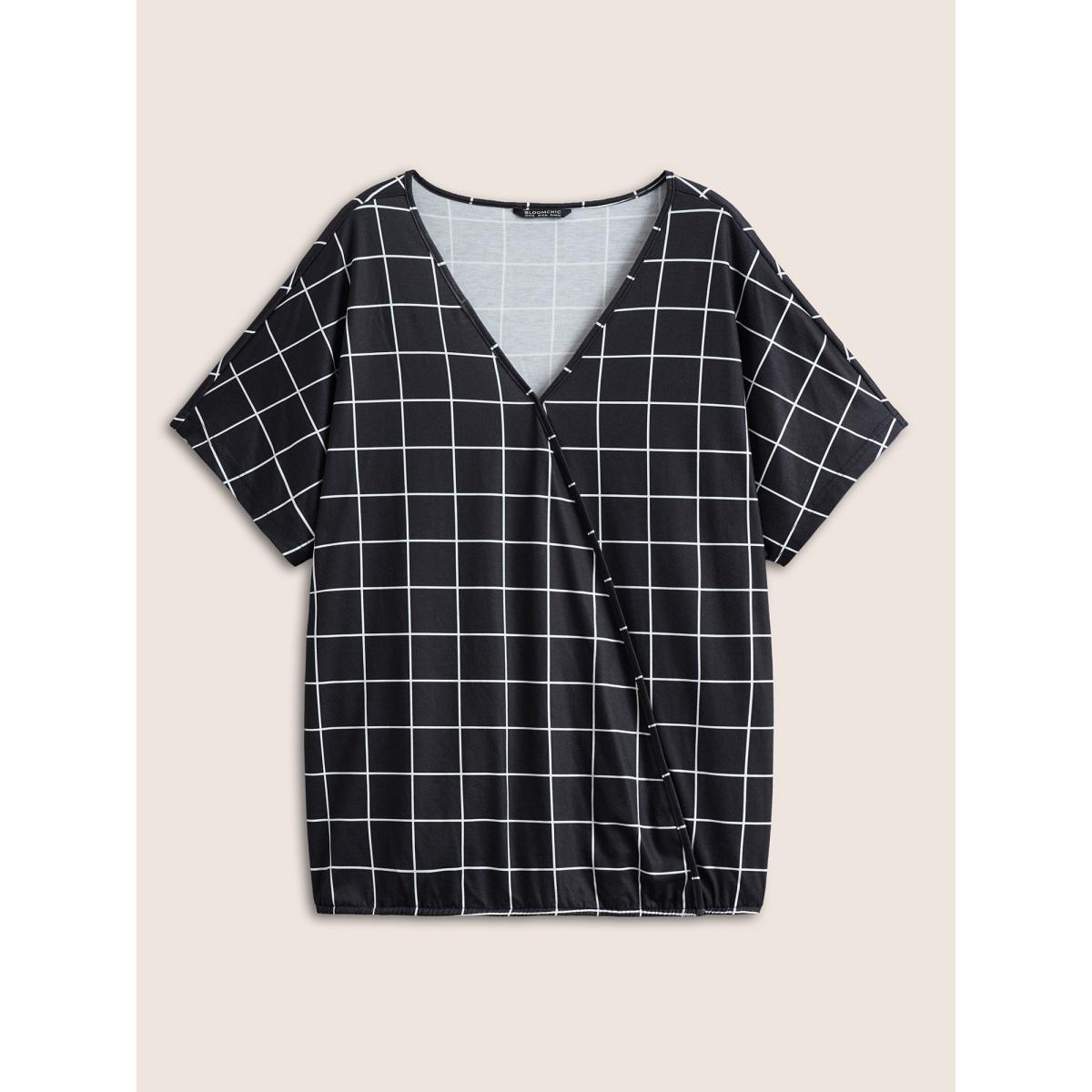 Plus Size Plaid Surplice Neck Batwing Sleeve T-shirt Black Women Work From Home Overlapping Plaid Overlap Collar Office T-shirts BloomChic 18-20/2X Product Image