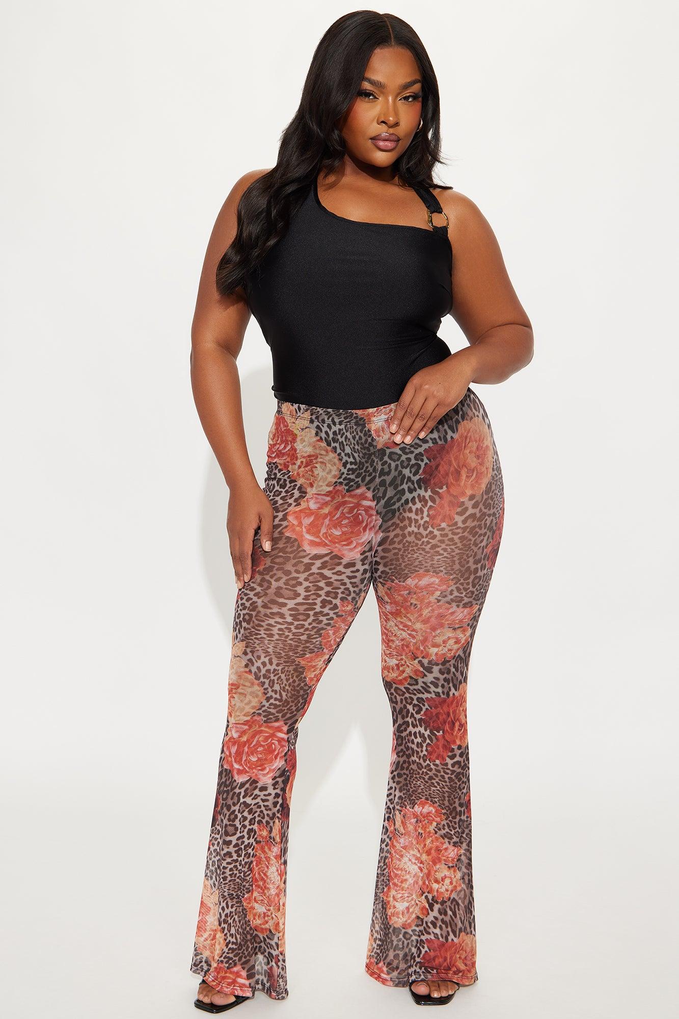 Later Tonight Floral Leopard Print Mesh Flare Pant - Brown/combo Product Image