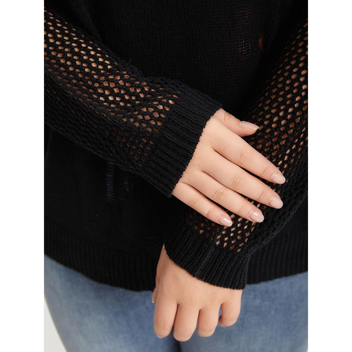 Plus Size Hollow Out Patchwork Raglan Sleeve Ripped Pullover Black Women Casual Loose Long Sleeve Round Neck Dailywear Pullovers BloomChic 10/M Product Image
