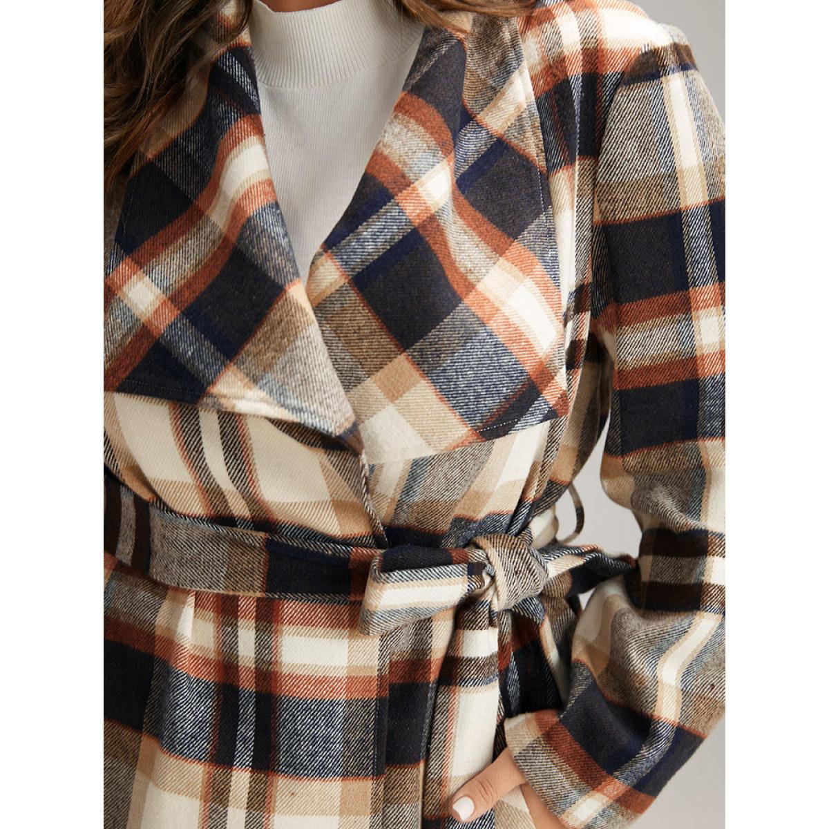 Plus Size Plaid Belted Lapel Collar Pocket Coat Women Tan Casual Belted Ladies Dailywear Winter Coats BloomChic 28/5X Product Image