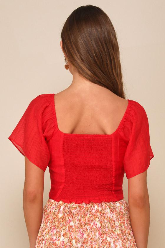 Charming Drama Red Organza Ruched Short Sleeve Top Product Image