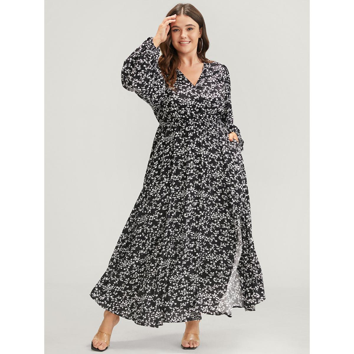 Plus Size Ditsy Floral Lantern Sleeve Pocket Split Maxi Dress BlackFlower Women Elegant Pocket V-neck Long Sleeve Curvy Long Dress BloomChic 10/M Product Image