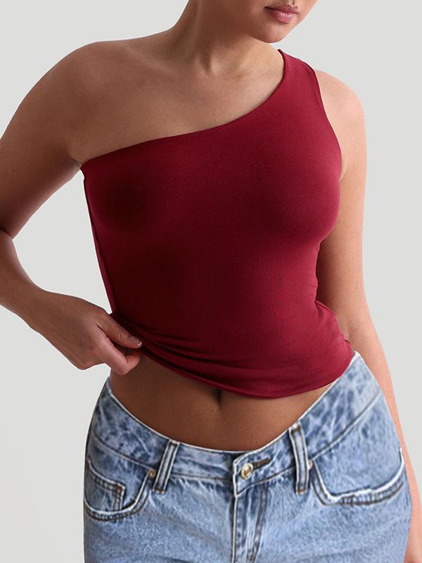 Skinny Sleeveless Solid Color One-Shoulder Vest Top Product Image