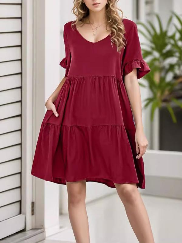 A-Line Flared Sleeves Pleated Pockets Ruffled Solid Color Split-Joint Round-Neck Mini Dresses Product Image