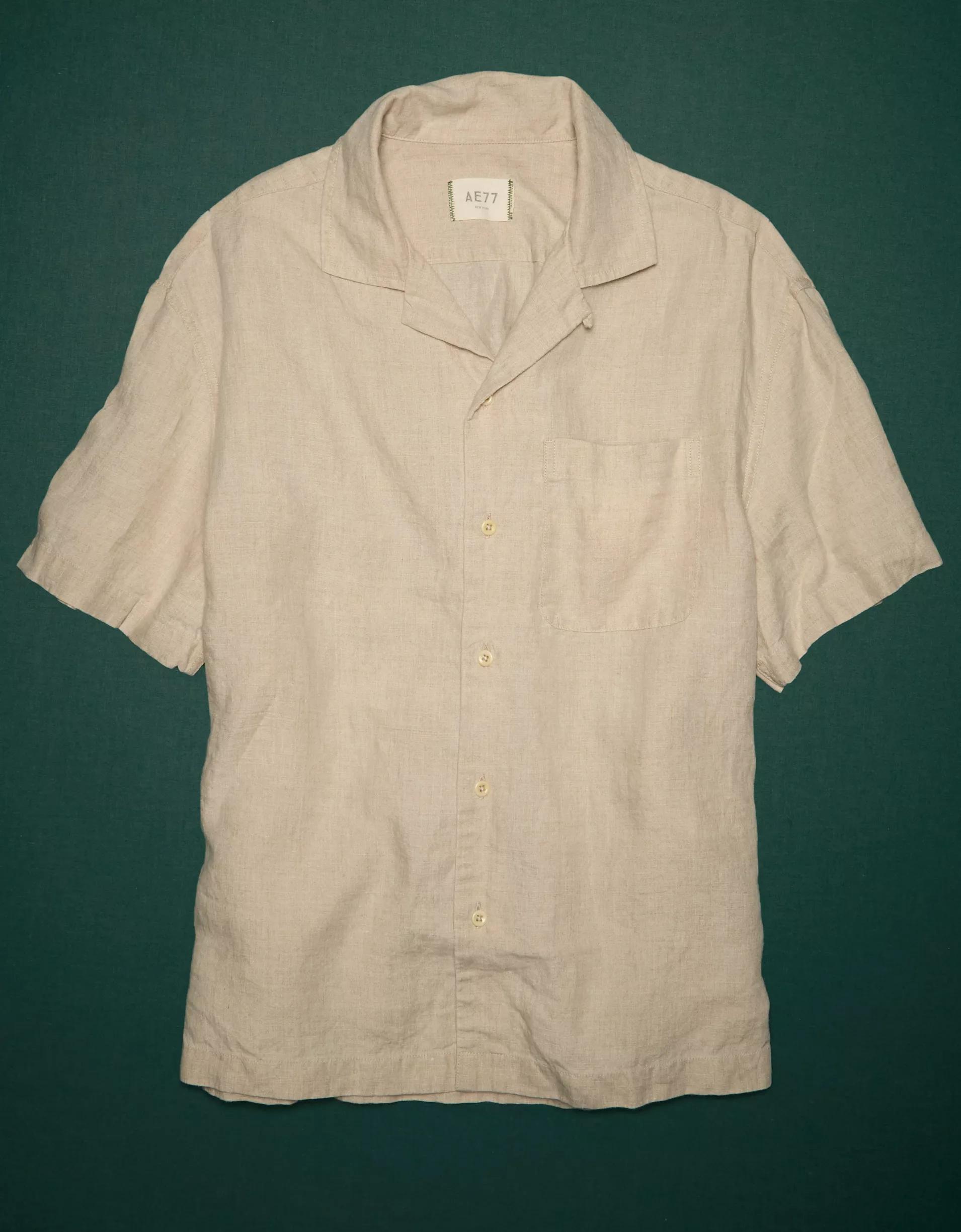 AE77 Premium Linen Camp Collar Button-Up Shirt Product Image