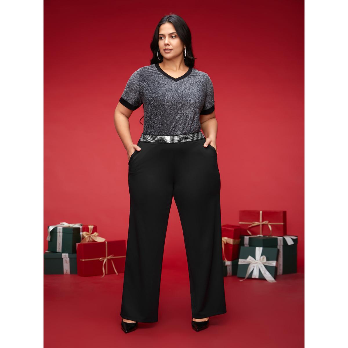 Plus Size Diamond Trim Wide-Leg Pants Women Black Formal Wide Leg Mid Rise Party Pants BloomChic 18-20/2X Product Image