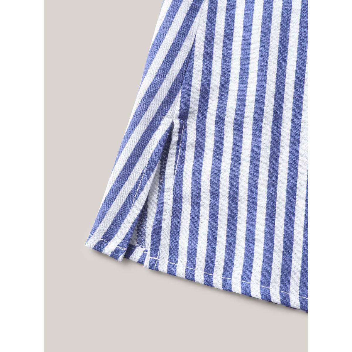 Plus Size DarkBlue Stripes Knotted Sleeve Notched Collar Blouse Women Office Short sleeve Notched collar Office Blouses BloomChic 26/4X Product Image