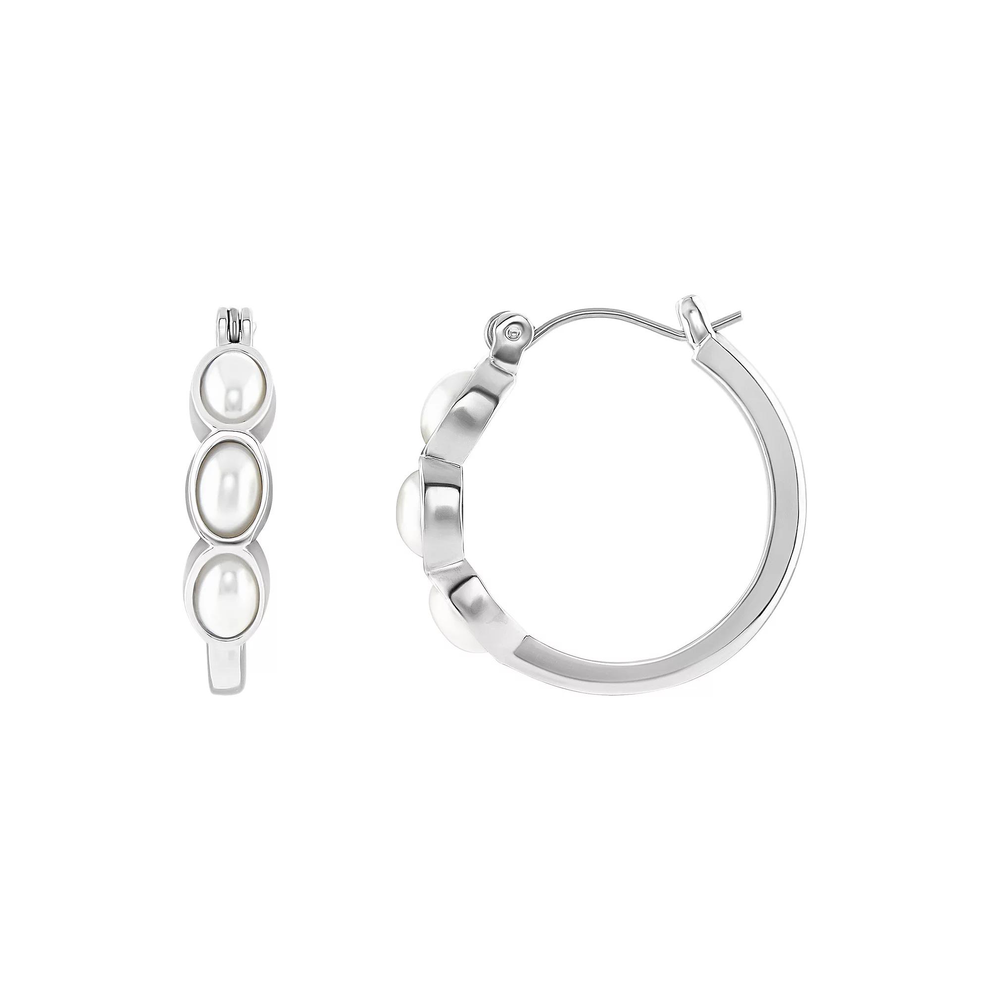 Emberly Silver Tone Triple Simulated Pearl Hoop Earrings, Women's, White Product Image