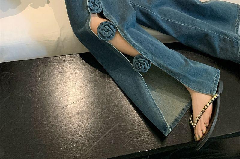 High Waist Washed Flower Detail Wide Leg Jeans Product Image