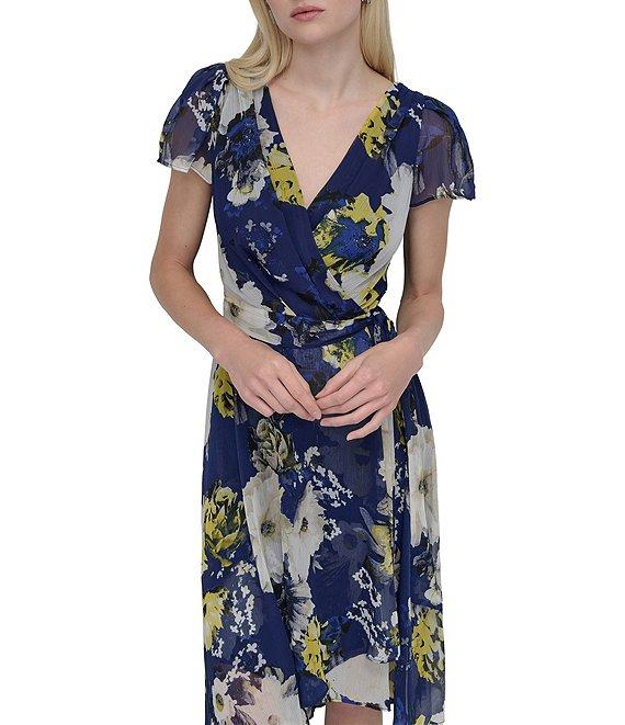 DKNY by Donna Karan Woven Floral Print V Neck Short Sleeve Faux Wrap Fit and Flare Dress Product Image