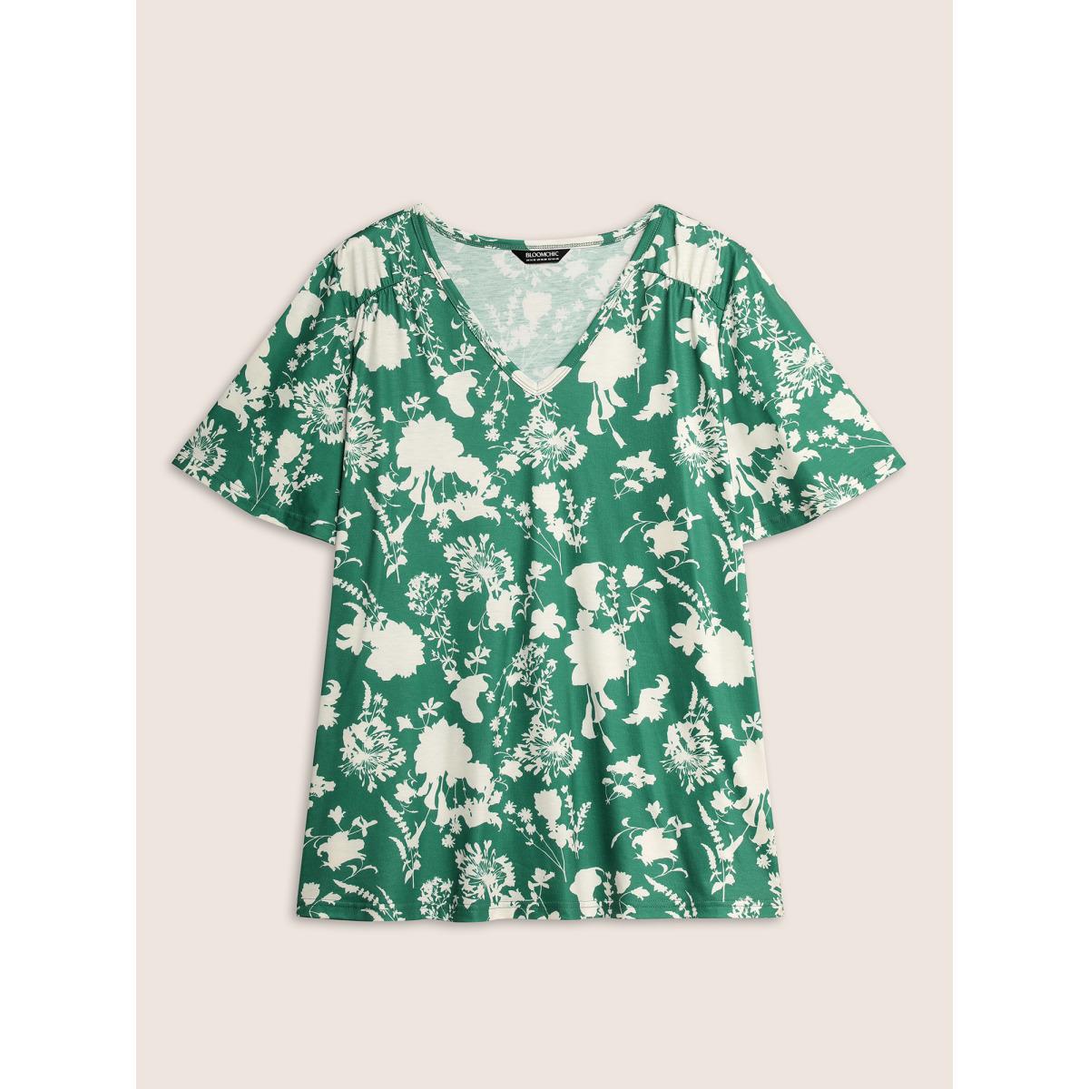 Plus Size Silhouette Floral Print Flutter Sleeve T-shirt DarkGreen Women Elegant Contrast Natural Flowers V-neck Everyday T-shirts BloomChic 12/L Product Image