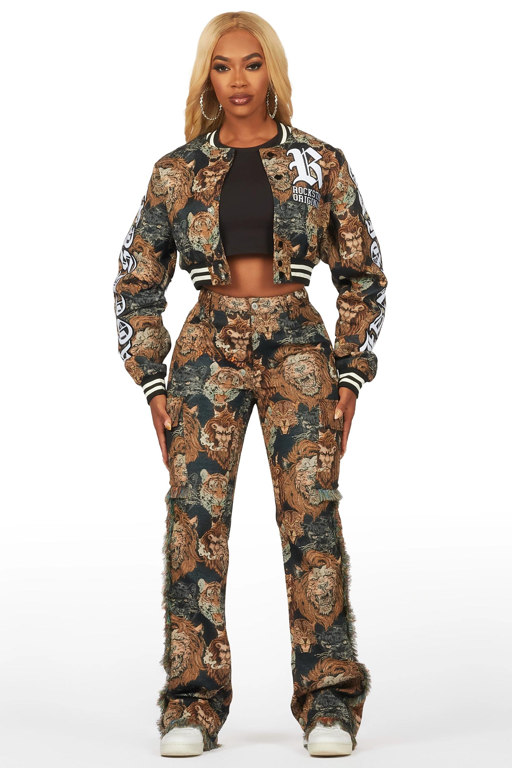 Khadiyah Black Crop Tapestry Varsity Jacket Female Product Image