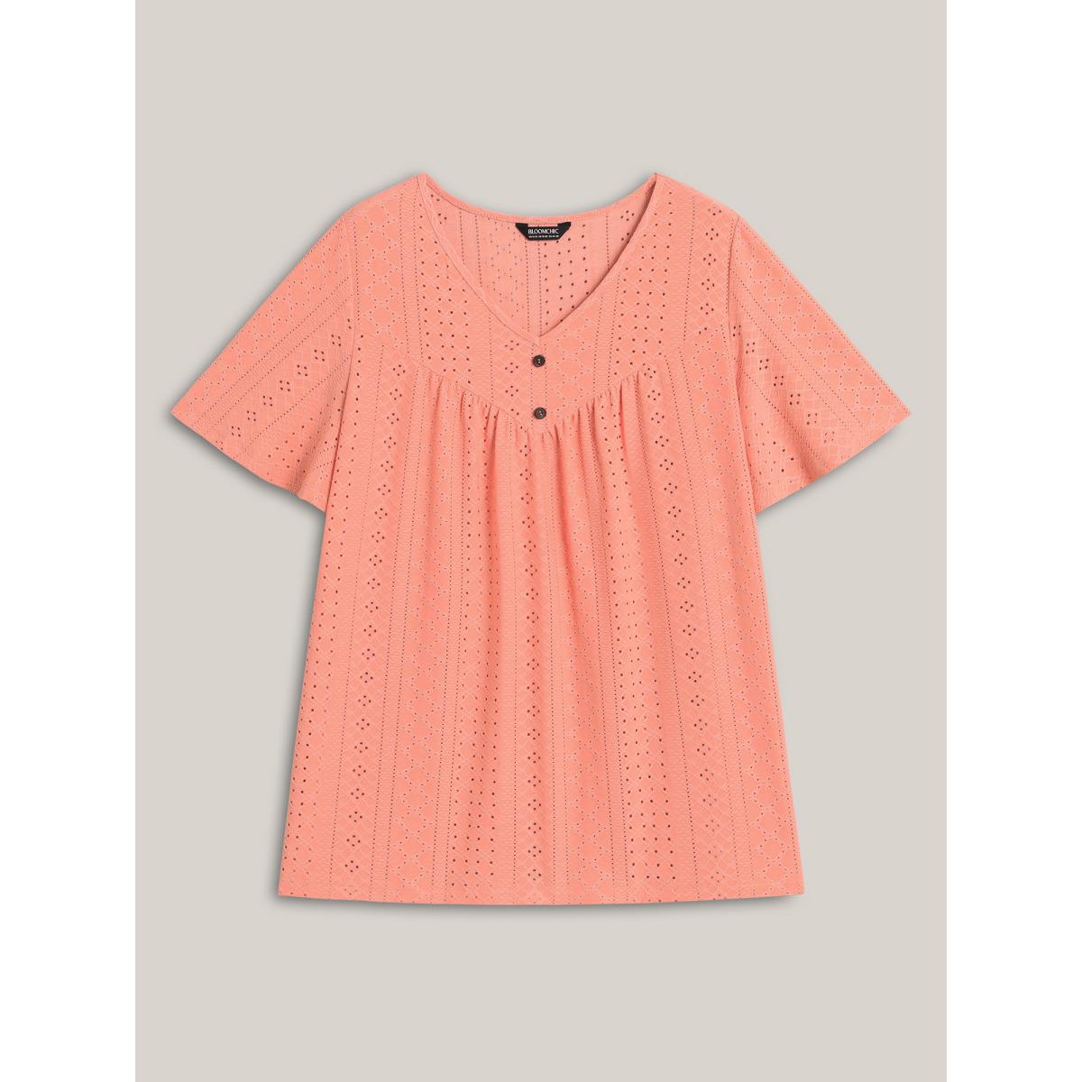 Plus Size Textured Button Detail Pleated T-Shirt Coral Women Casual Texture V-neck Everyday-Casual T-shirts BloomChic 26/4X Product Image
