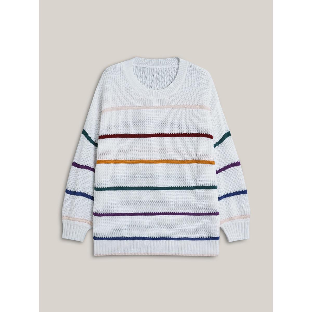 Plus Size Multi-Color Textured Balloon Sleeve Pullover Ivory Women Casual Loose Long Sleeve Round Neck Everyday Pullovers BloomChic 30/6X Product Image