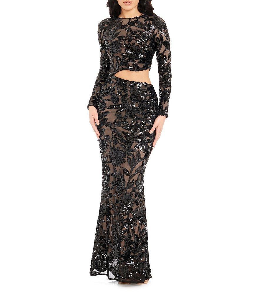 Dress the Population Candace Floral Sequin Mesh Round Neck Long Sleeve Cutout Gown Product Image