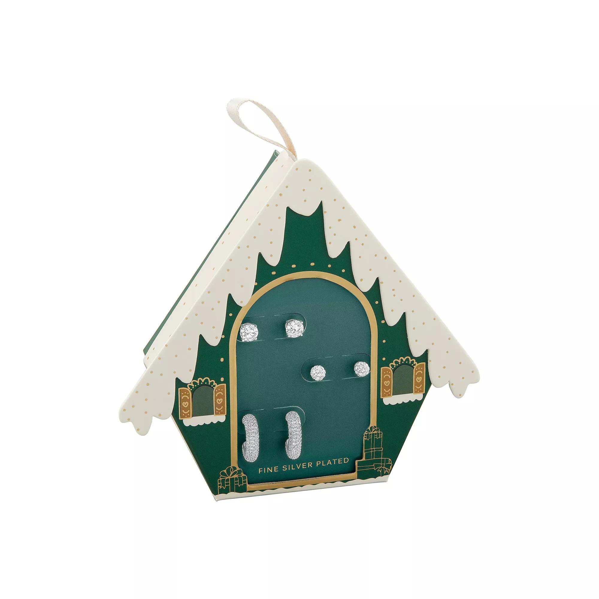 Brilliance Silver Tone Crystal & Cubic Zirconia Stud & C-Hoop Earrings Trio, Women's, Silver Tone White Product Image