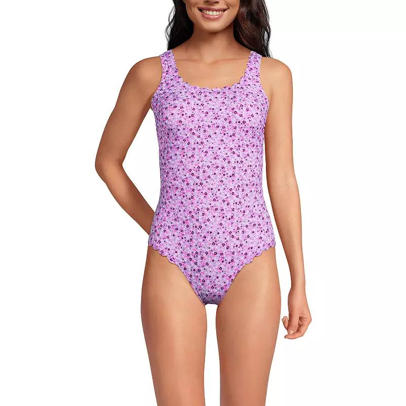 Womens Lands End Tugless Scallop One-Piece Swimsuit Wild Purple Floral Product Image