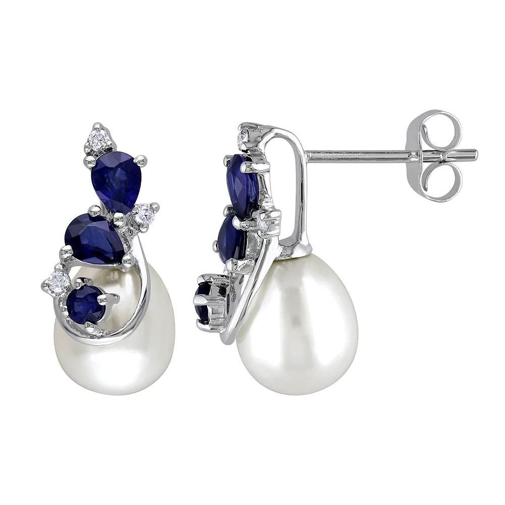 Stella Grace 10k White Gold Sapphire & Freshwater Cultured Pearl Earrings, Women's, 10k Whgold Product Image