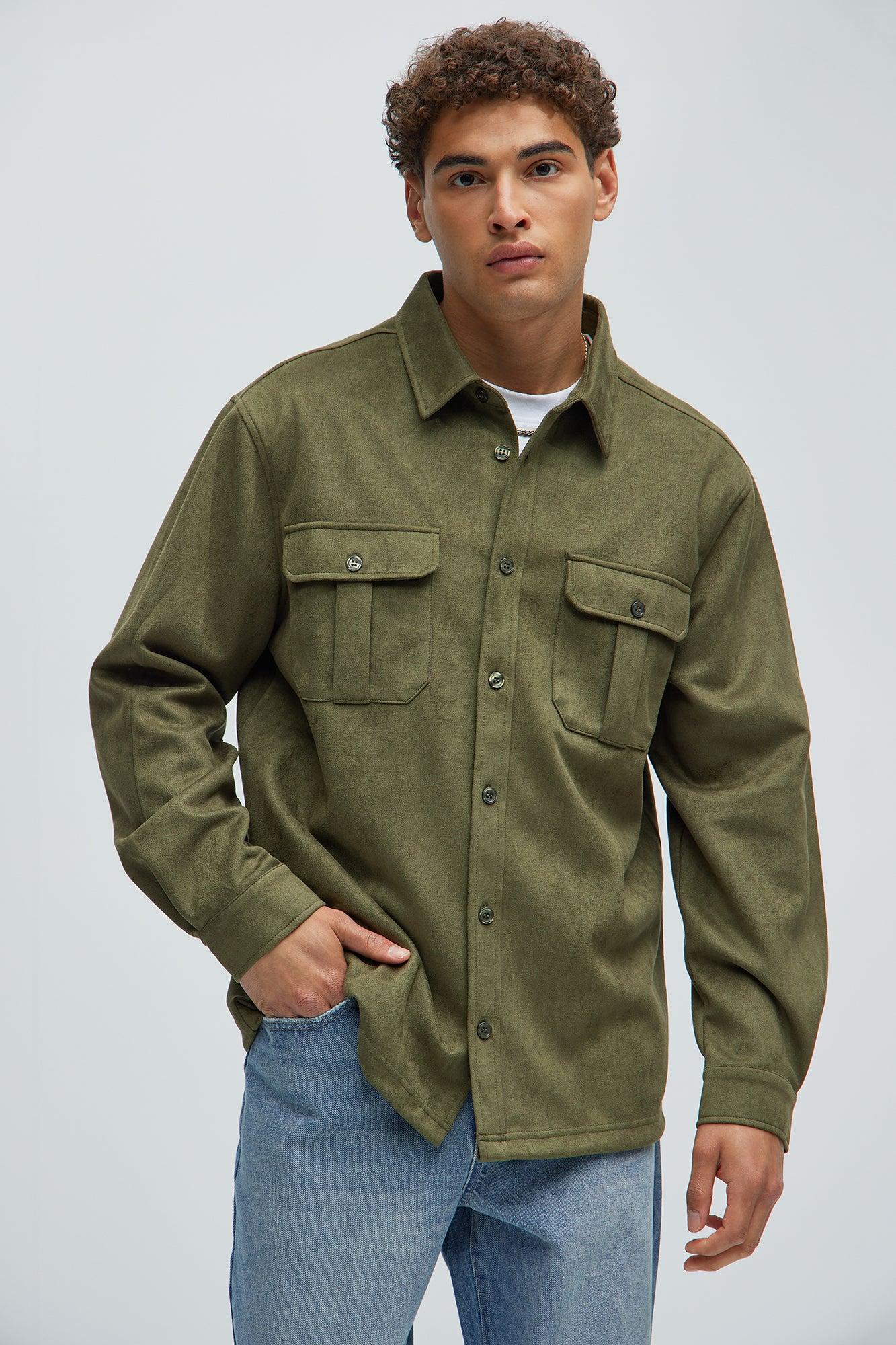 Ardee Faux Suede Button Up Shirt - Olive Product Image