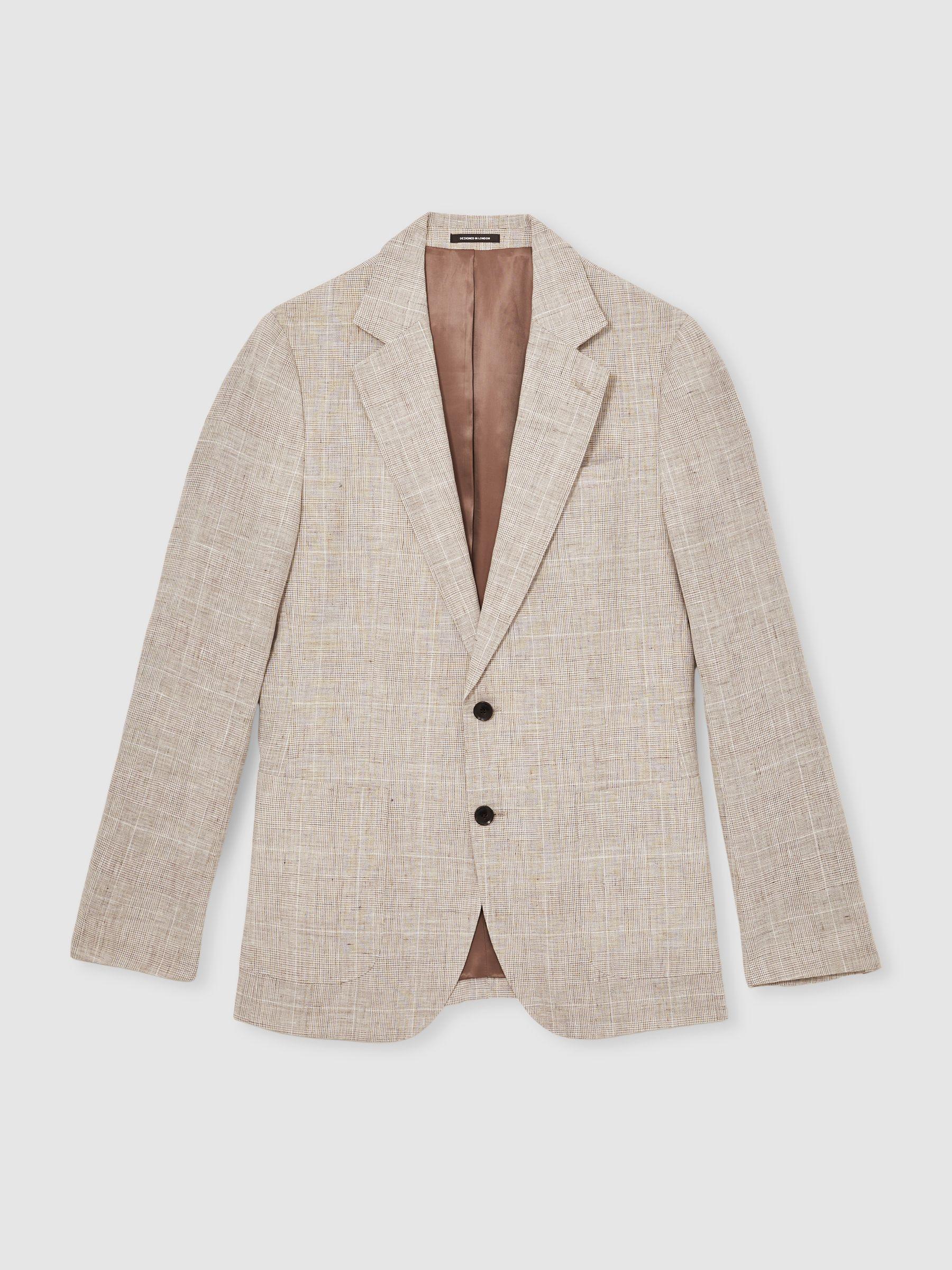 Slim Fit Linen Single Breasted Check Suit Blazer in Oatmeal Product Image