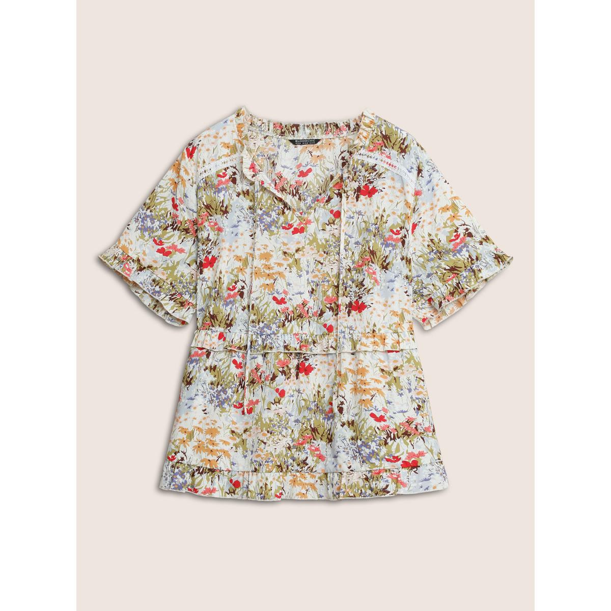 Plus Size Ivory Allover Print Tiered Ruffles Lace Patchwork Ties Blouse Women Elegant Short sleeve Notched collar Everyday Blouses BloomChic 12/L Product Image