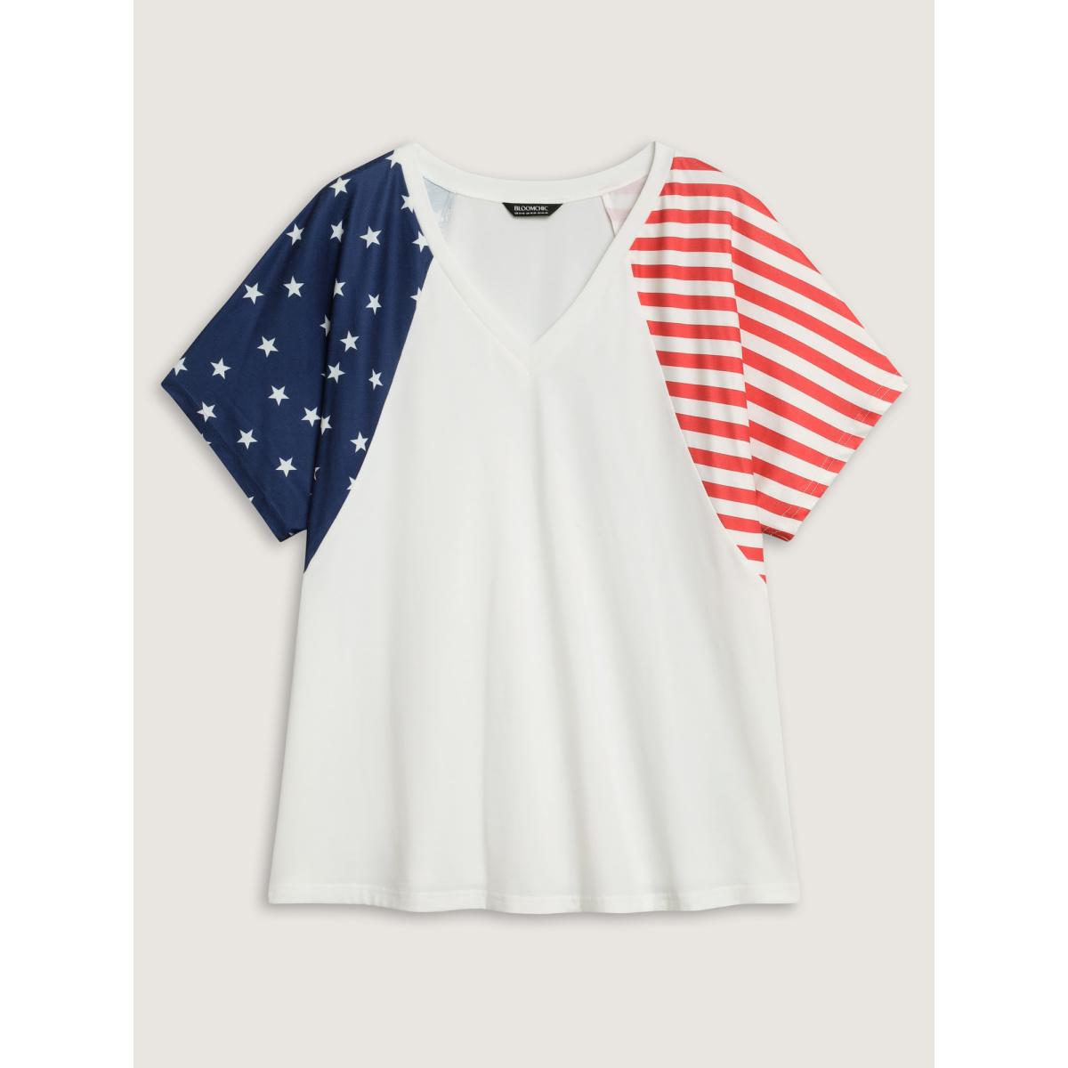 Plus Size American Flag Print V-Neck T-Shirt WhiteSmoke Women Leisure Contrast Country V-neck Casual T-shirts BloomChic 12/L Product Image