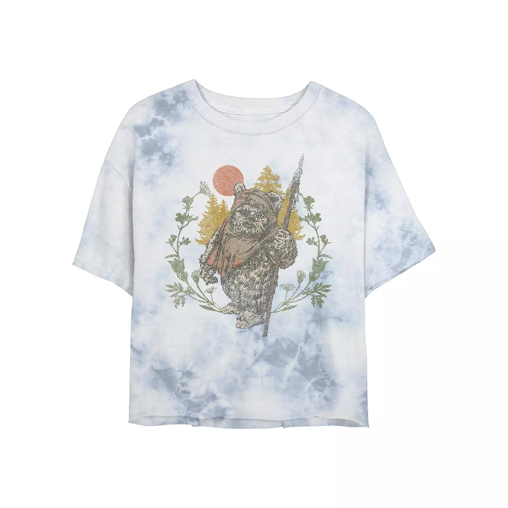 Juniors' Star Wars: Ewok Floral Sunset Wash Graphic Crop Tee, Women's, Size: Large, White Blue Product Image
