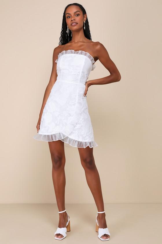 Exclusive Sweetness White Floral Jacquard Ruffled Mini Dress Product Image