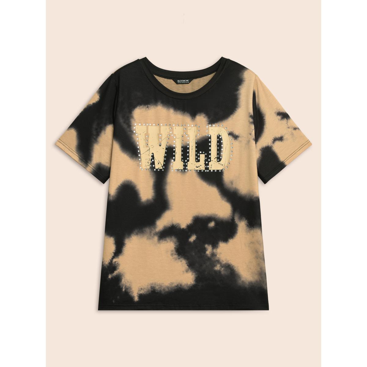 Plus Size Tie Dye Wild Logo T-shirt LightBrown Women Casual Rhinestone detailing Positive slogan Round Neck Everyday T-shirts BloomChic 14-16/1X Product Image