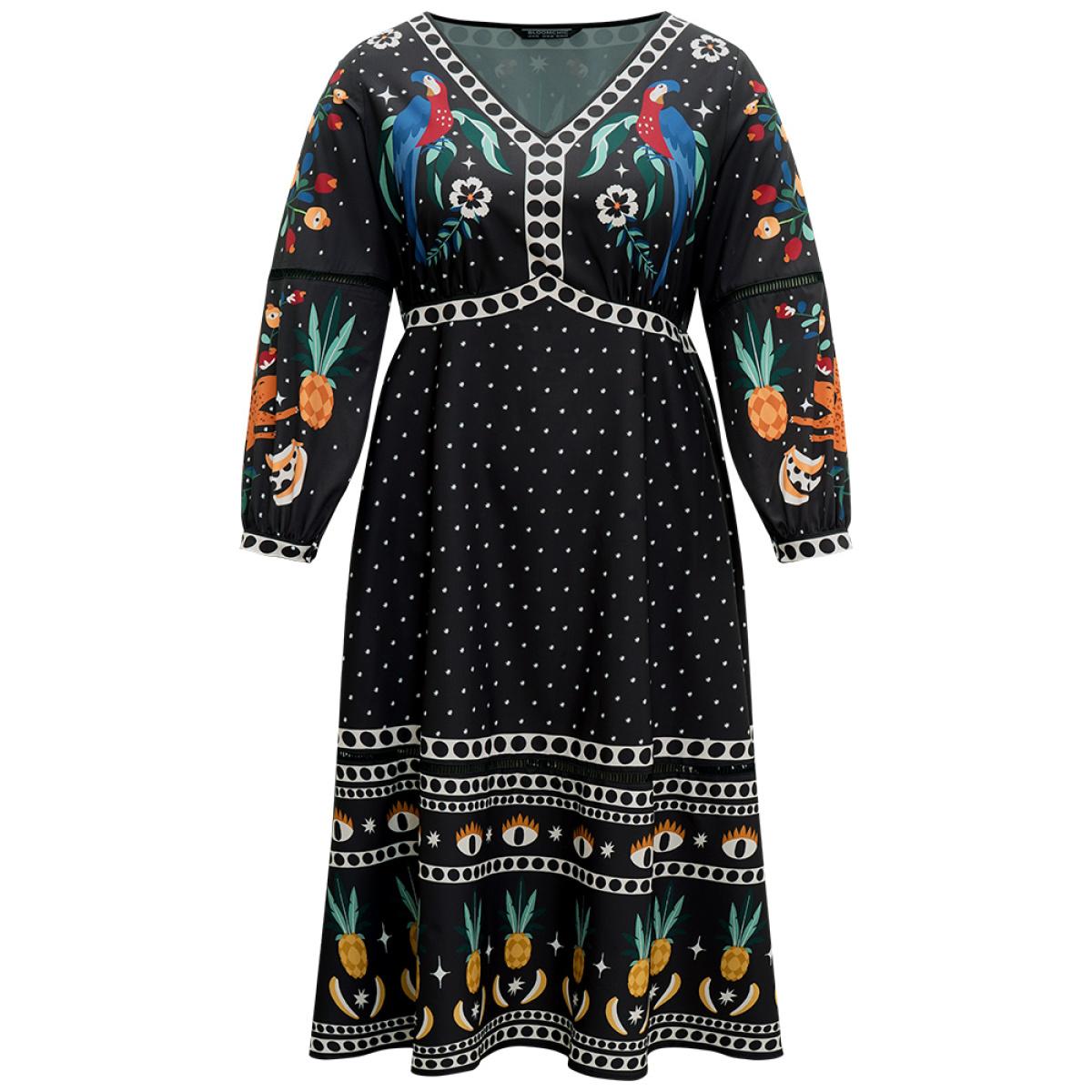 Plus Size Bandana Print Lantern Sleeve Ruffle Hem Dress Black Women Resort Printed V-neck Long Sleeve Curvy Midi Dress BloomChic 14-16/1X Product Image