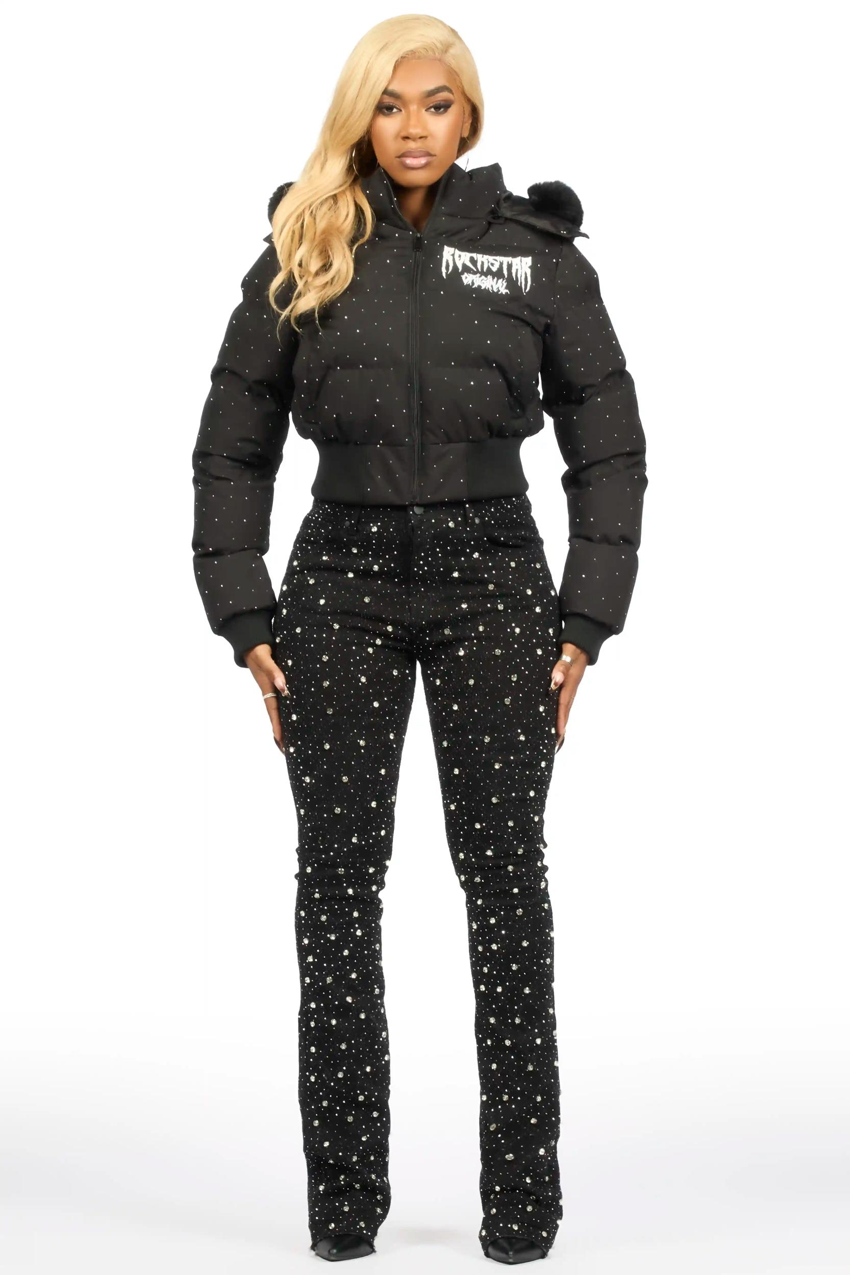 Sareka Black/Silver Rhinestone Stacked Flare Jean Female Product Image