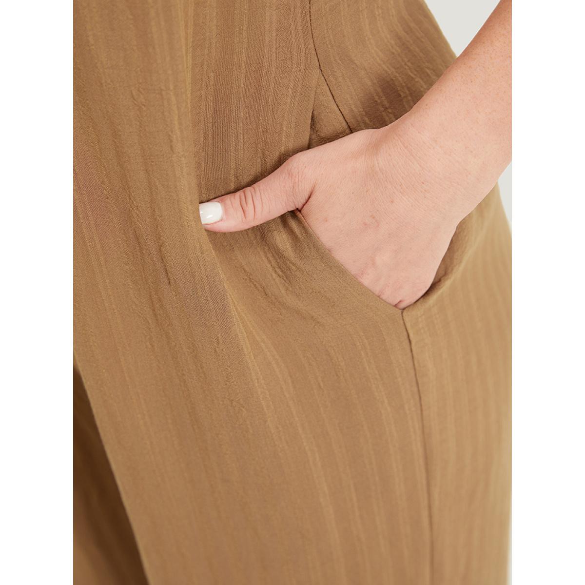 Plus Size Bronze Plain Textured Pocket Halter Tie Overall Jumpsuit Women Casual Sleeveless Spaghetti Strap Dailywear Loose Jumpsuits BloomChic 18-20/2X Product Image