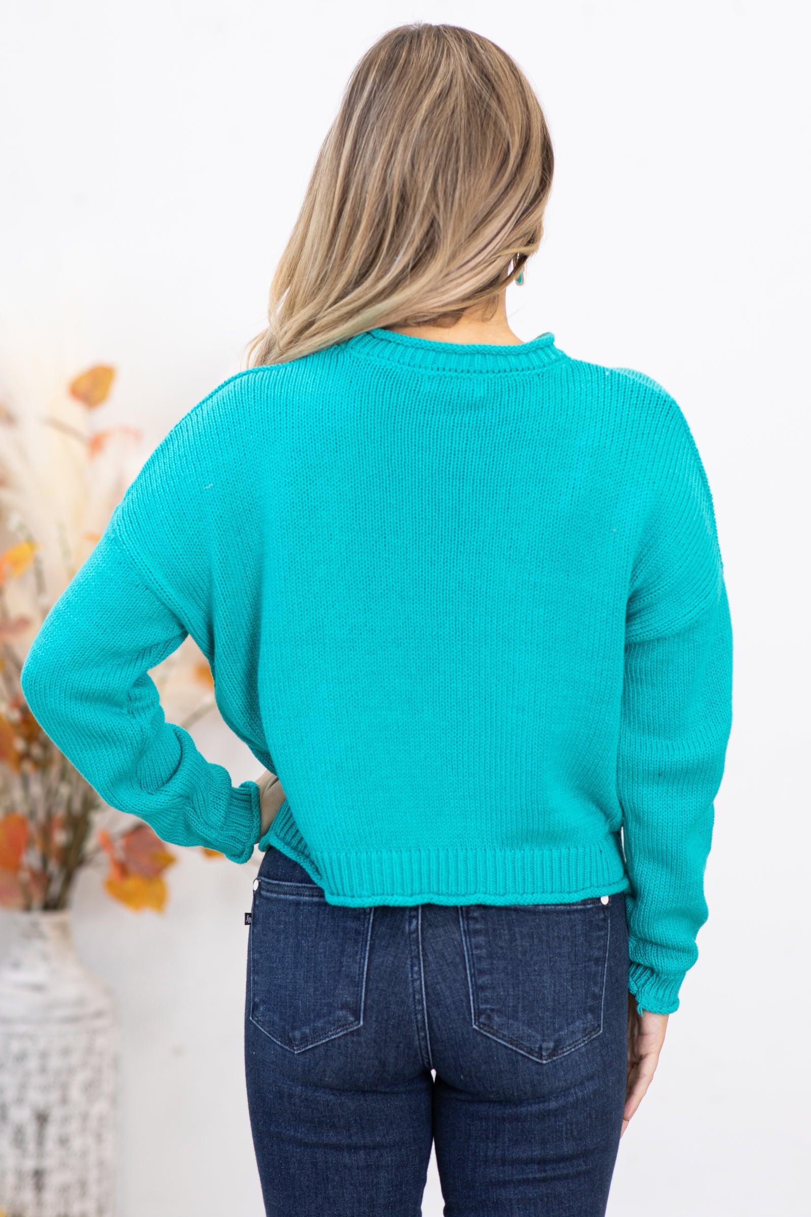 Turquoise Cotton Round Neck Basic Sweater Product Image
