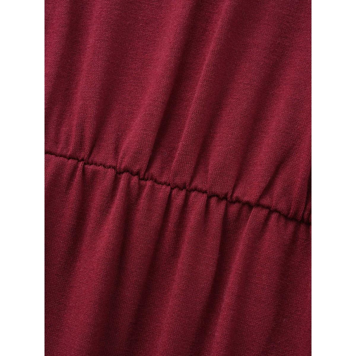 Plus Size Solid V Neck Elastic Waist Midi Dress Burgundy Women Casual Non V-neck Elbow-length sleeve Curvy BloomChic 10/M Product Image