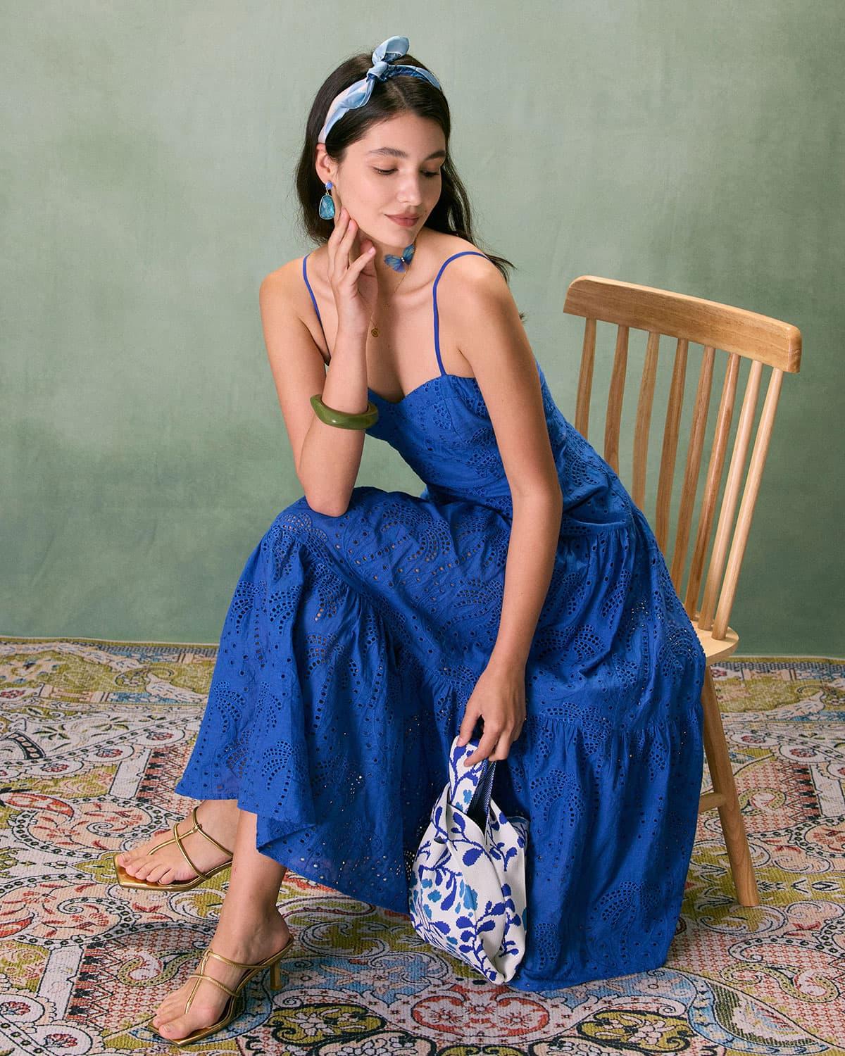 The Blue Sweetheart Neck Embroidery Slip Midi Dress Product Image