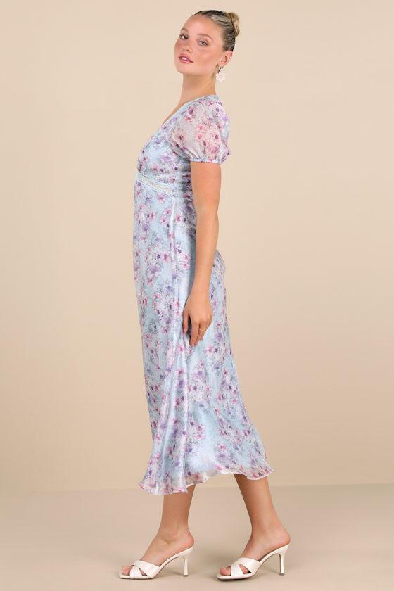 Darcy Light Blue Floral Puff Sleeve Midi Dress Product Image
